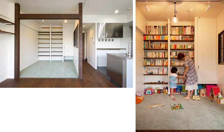 （写真左）リビングの隣の図書コーナー。壁に取り付けた格子の引き違い窓は、お客様が古建具店で見つけたものです
（写真右）図書コーナーは、お子様のプレイルームも兼ねています