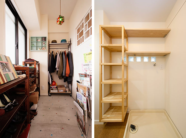 （写真左）玄関の土間には、靴はもちろん、本や上着、帽子などちょっとした日用品を余裕で収納
（写真右）洗面室もたっぷりの収納力
