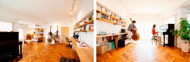 ヘリンボーン貼りの床は、光によって表情を変えます