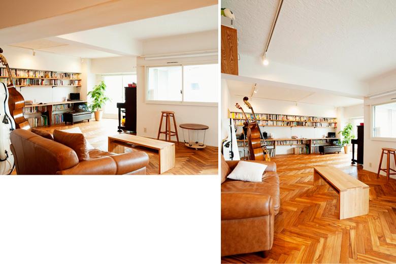 ダイニングとの間に合った梁（写真左）を、プロジェクターの設置場所として活用しています（写真右）