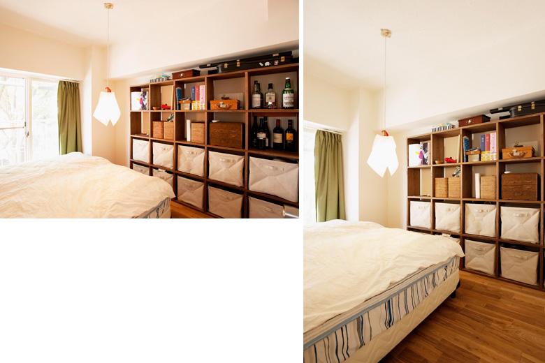 寝室の棚は、Oさんがサイズを合わせて購入したもの