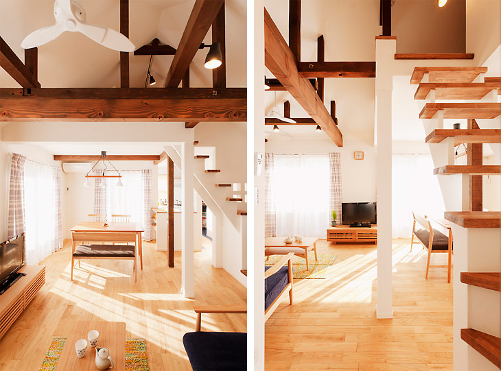 （写真左）天井を開けて開放的な空間となったリビング。剥き出しの梁は落ち着きのある茶色で塗装し、白い天井や壁に映えるデザインポイントにもなっています
（写真右）ロフトは梯子ではなく階段を使って安全に上り下りできるようにしました
