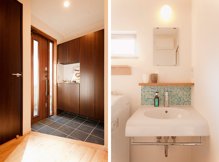 （写真左）玄関も明るく広く生まれ変わりました
（写真右）左に見える洗濯機の上の棚は、Tさんが自分で取りつけたそう