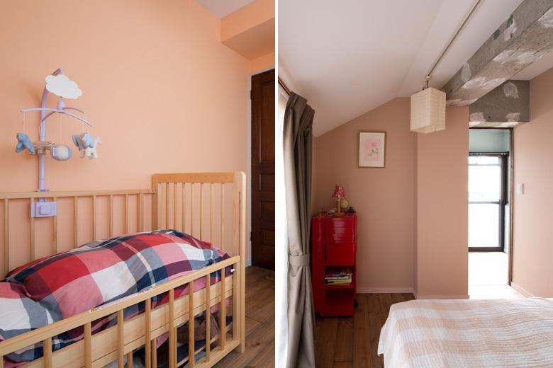 あたたみのある壁色が特徴のキッズ・ベッドルーム（写真左）と、寝室（写真右）。断熱材と二重サッシで断熱性能をアップ
