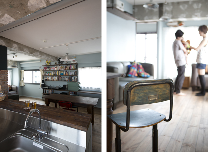 （写真左）キッチンから、リビング全体をゆうゆう見渡せます／（写真右）ダイニング用の椅子も味わいあるの逸品