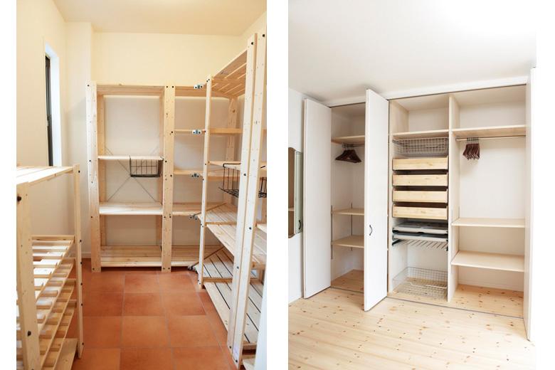 （写真左）大収納のパントリー、（写真右）クローゼット