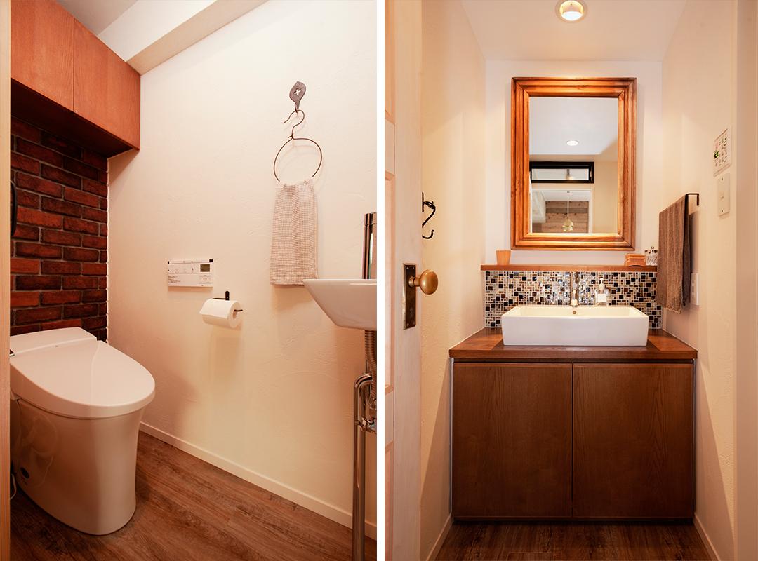 モザイクタイルやレンガ使いなど、洗面所、トイレもそれぞれスタイリッシュで温もりのある個性的なスペースを実現しました