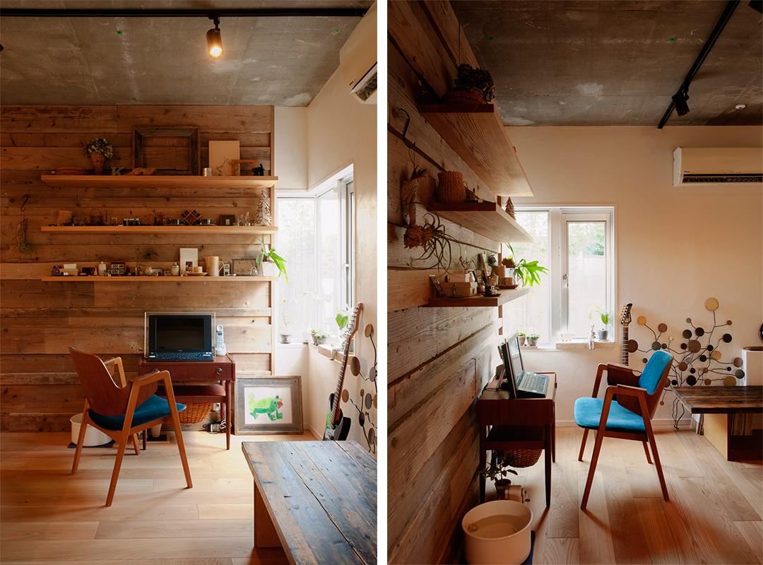 ダイニングコーナーの一角にはワークスペースを設置。造り付けの棚には趣味の小物がセンスよく並べられています