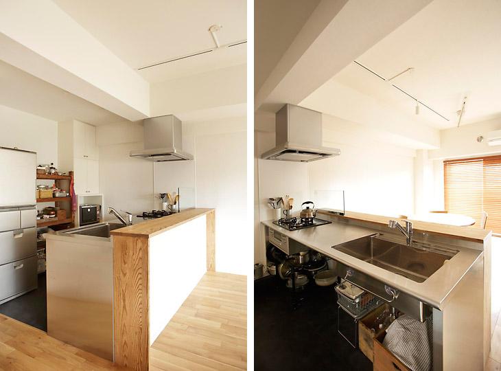 独立していたキッチンは対面式に変更。カウンターは造作しています。また、床にはシックな黒のフロアタイルを敷いています。