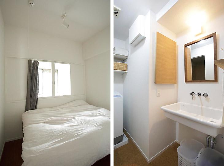 （写真左）寝室。土間との仕切りの小窓から玄関の明かりが入ります（写真右）洗面室。奥に見える洗濯機の上の棚は、下地をスタイル工房が施工し、棚板はOさんがDIYで取りつけました