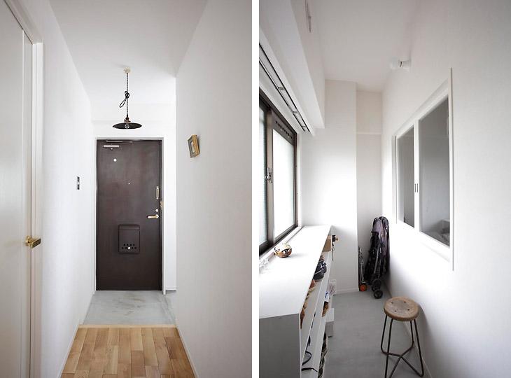 （写真左）白壁にダークブランの扉が映えるシンプルで美しい玄関（写真右）玄関横には便利な土間スペースを設置。寝室と仕切る壁には内窓を設け、玄関からの光が入るようにしました