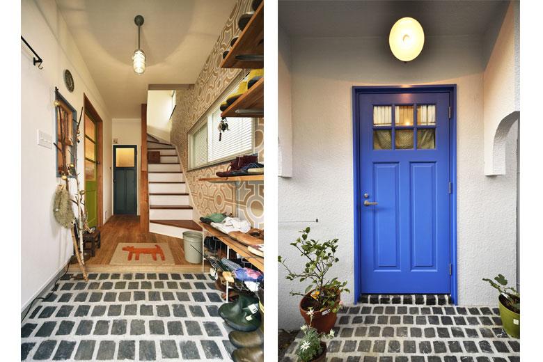玄関の床はMさんが自分で探して購入したピンコロを採用。壁の輸入クロスもMさんが選んだものを。玄関ドアもMさんが購入した製品。Mさん自身でブルーに塗装した。