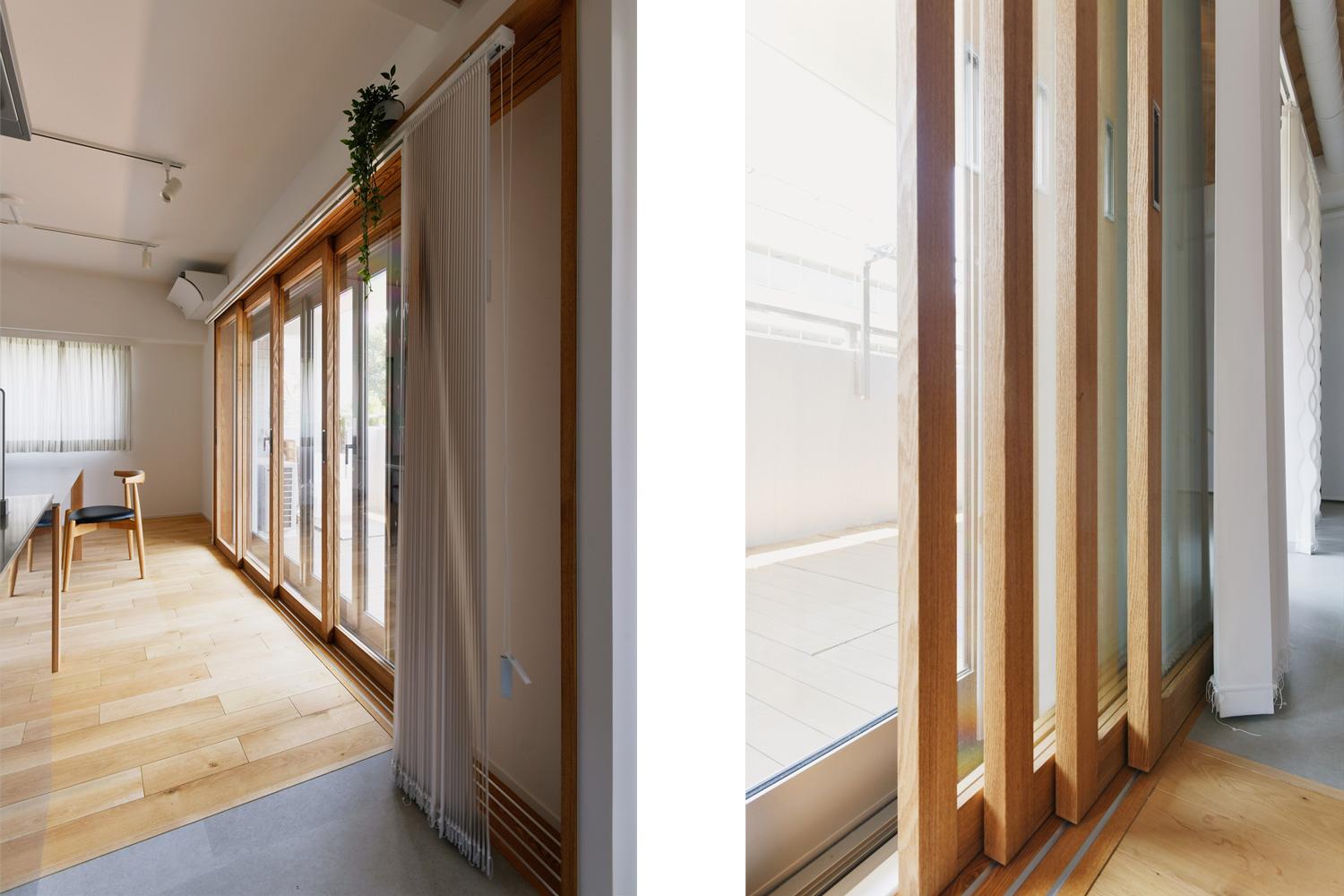 窓には全てインナーサッシを設置。リビングの大きな折れ戸窓には通常のインナーサッシではなく、4枚引き戸を入れ、開け放てば元々の開放感も楽しめるように。