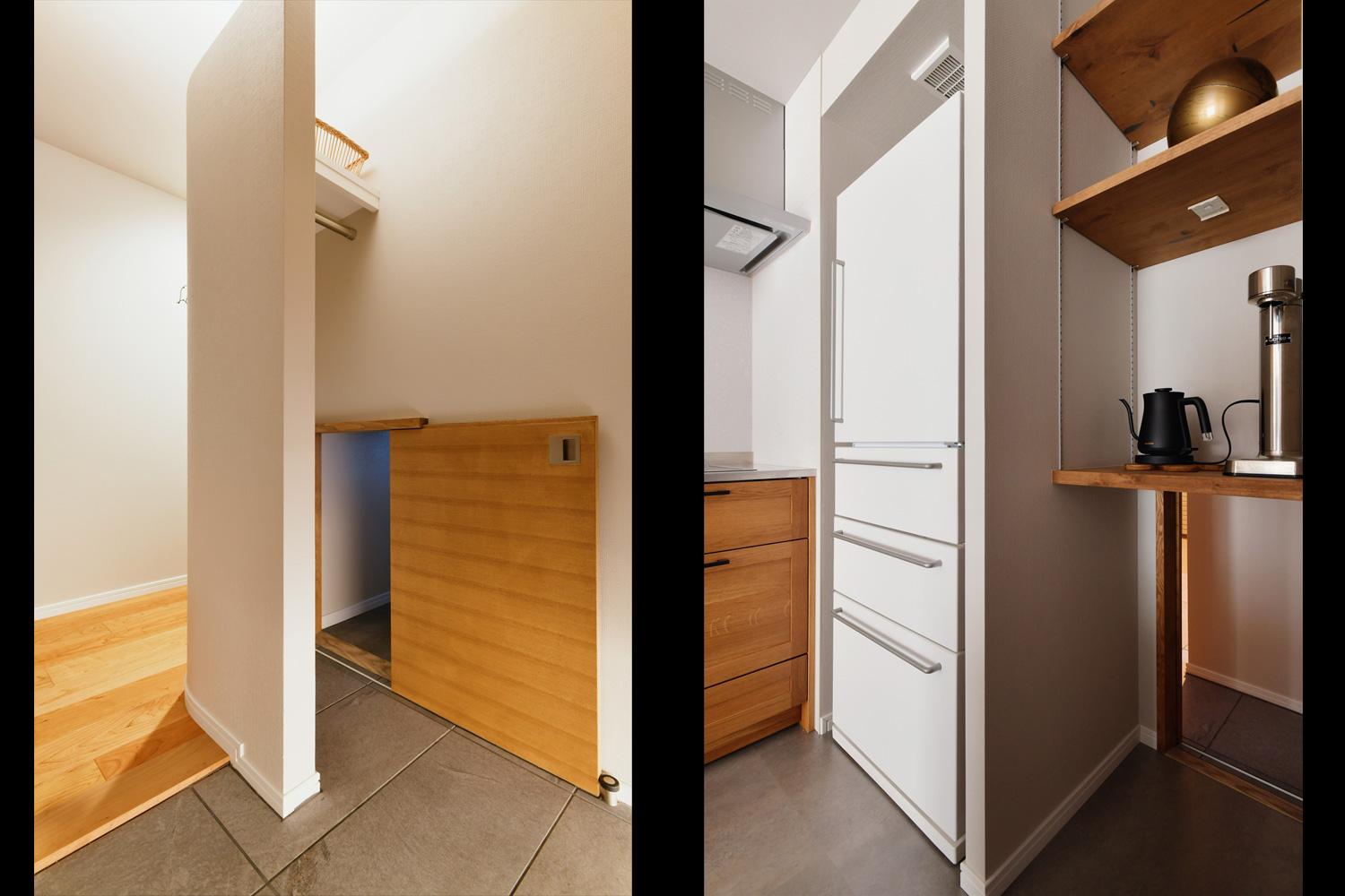 さりげない工夫⑤クロークの足元ににじり口のような小さな引き戸を設けた。
引き戸の向こうはキッチンで、水など重たい荷物を直接キッチンに移動できる。日々の暮らしを具体的にイメージして生まれたおくさまのアイデア