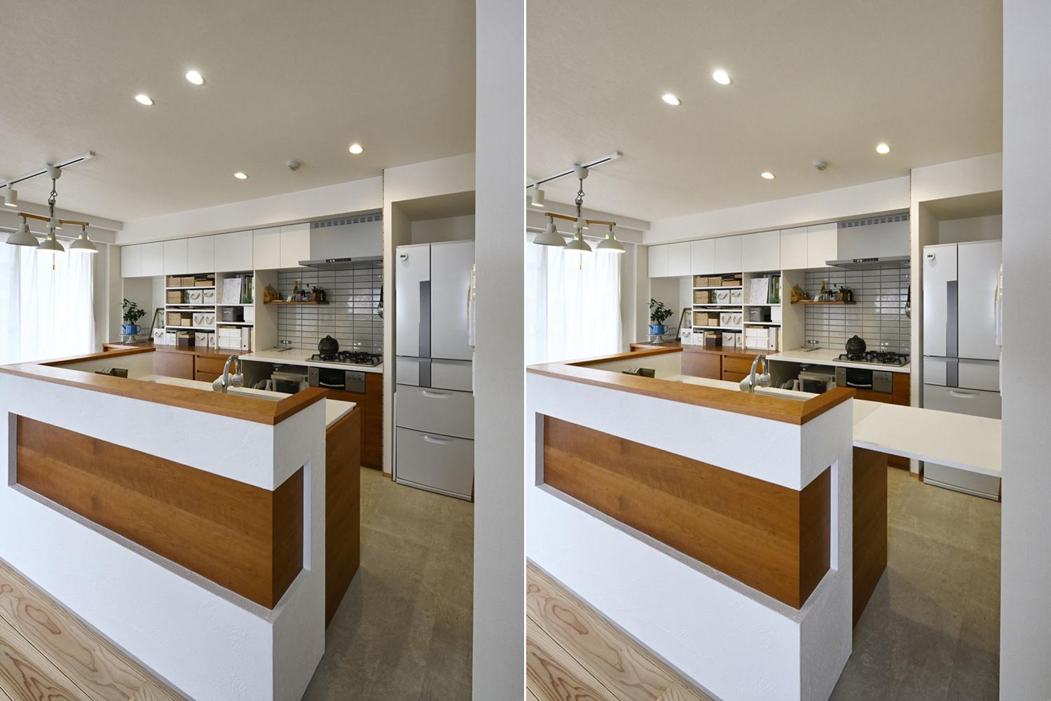 シンクの横に取外し可能な天板をプラン。洗い物の一時置き場として活躍。普段は外しておけばキッチン周りを回遊できる