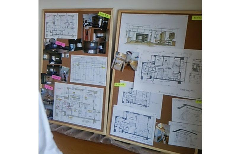 現場見学会ではリノベーション前の図面、リノベーション後の図面を展示しています。ビフォー&アフター、提案プロセスをご覧いただくことができます。