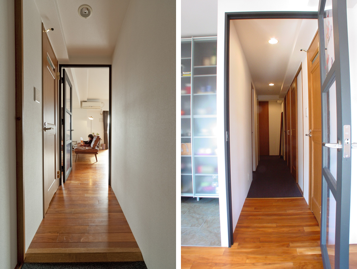 （写真左）玄関から見た、廊下・LDK
（写真右）リビングから見た廊下