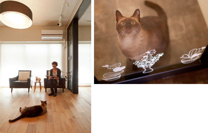 （写真左）猫と一緒にリビングでくつろぐ／（写真右）ペットの猫も大満足の住まいです