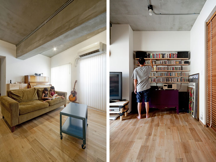 「足ざわりが気持ちいい無垢フローリングとモルタル仕上げのヴィンテージマンション」のリビングダイニング