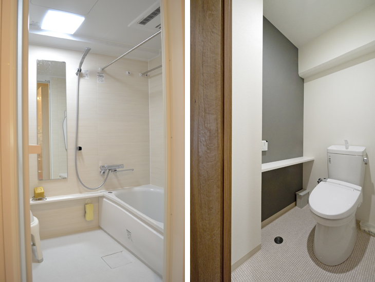 （写真左）リラックスできる清潔感溢れる空間
（写真右）スタイリッシュなトイレ