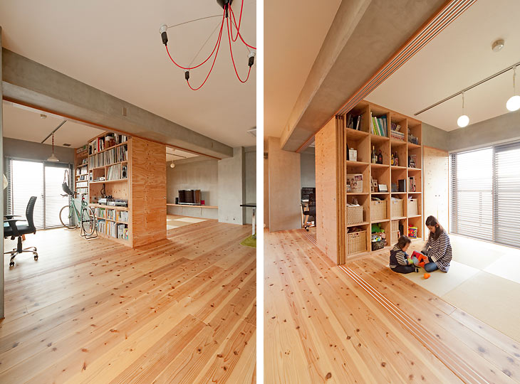 （写真左）書斎と畳スペースを開放する事で、開放的で明るいLDK空間が出現
（写真右）リビングから畳スペースを望む
