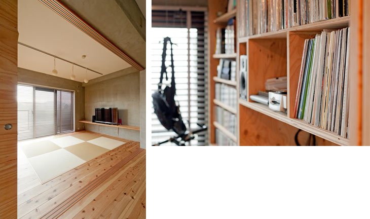 （写真左）畳スペースは子どもの遊び場や第二のリビングとしても活躍
（写真右）書斎の収納棚は、レコードや書籍など、しまうもののサイズを想定して造作しました