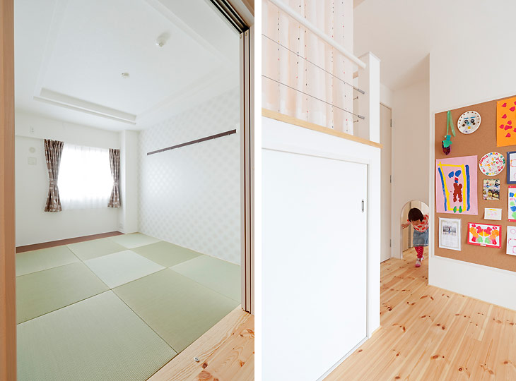 （写真左）リビングに続く和室。洗濯物を畳んだり、子どもを遊ばせたりお昼寝させたり、夜は寝室に使ったりと多目的に使用しています
（写真右）キッチンから子ども部屋には、くぐり戸を通って入ることができ、お子さんにも大好評