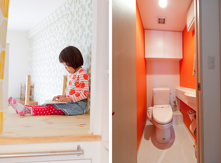 （写真左）ロフトはお子さんの大好きな遊び場
（写真右）トイレの両脇の壁には朱色のクロスを貼って、温かみと明るさを演出しました