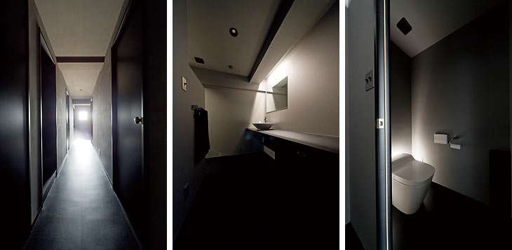 （写真左）家全体をバリアフリーのフラット仕様に仕上げました
（写真中）無駄を省いたシンプルな設計の洗面所
（写真右）間接照明とタンクレストイレで個性際立つ空間に