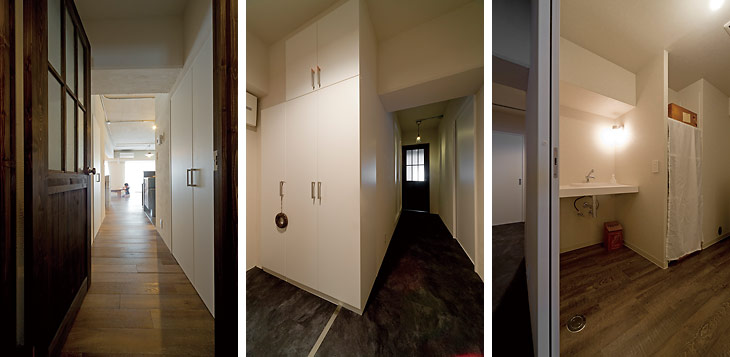 （写真左）素材やディテールにこだわり独特の温かみを演出した廊下
（写真中）個性的なフローリングで仕上げた玄関
（写真右）無垢フローリングとホワイト壁でまとめた清潔感のあるシンプルな洗面所