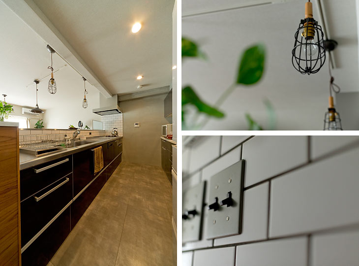 （写真左）収納のたっぷりのすっきりしたキッチン。サブウェイタイルでアレンジしました
（写真右）照明やスイッチなど、細部までOさんの好みのデザインで統一しています
