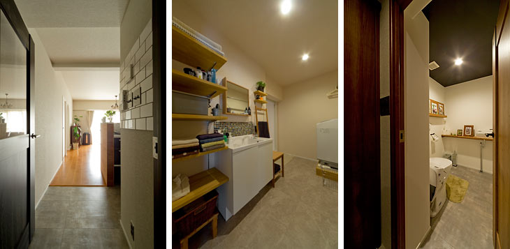 （写真左）サブウェイタイル×アメリカンスイッチを壁にアレンジしたかっこいい廊下
（写真中）収納もたっぷり設けて、スッキリと片づく洗面スペースとなりました
（写真右）トイレも位置を変更し、ゆったりとした個室のような空間に生まれ変わりました