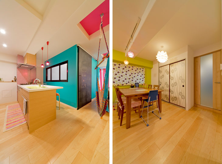 （写真左）「テラスだと思ったら部屋だ！」の錯覚が楽しい、造作壁をつくって空間のアクセントに
（写真右）ダイニング脇の和室ふすまもユニークなデザインでまとめてみました