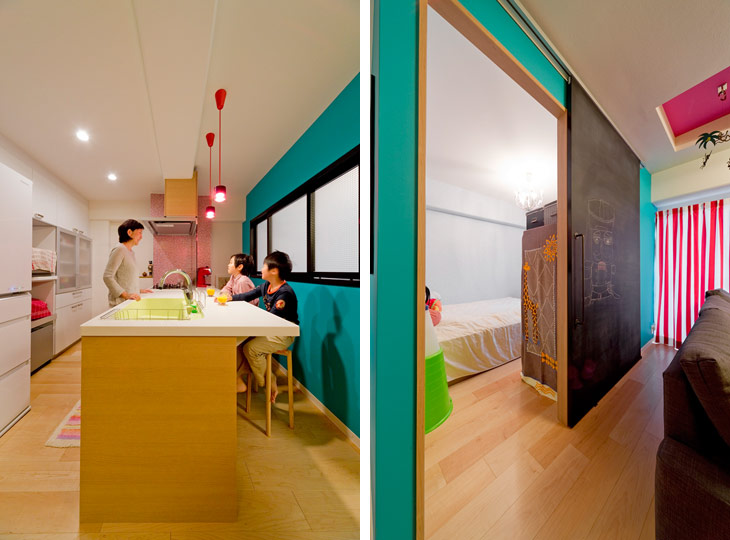 （写真左）家事をしながら子どもたちと会話を楽しめるカウンターダイニング仕様のキッチン
（写真右）リビングに隣接した洋室。リビング側の壁には黒板塗料を施工してお絵描きスペースを設けました