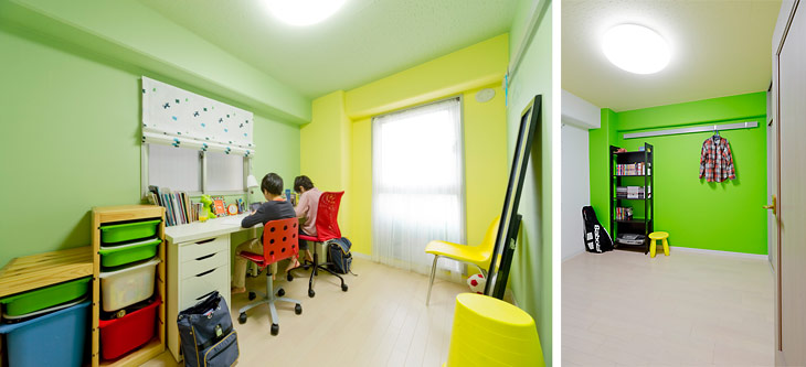 （写真左）小学5年生と小学3年生のお子さんの部屋。元気いっぱいのポップな空間です
（写真右）中学1年生の長男の部屋。華やかなグリーンの壁がポイントです