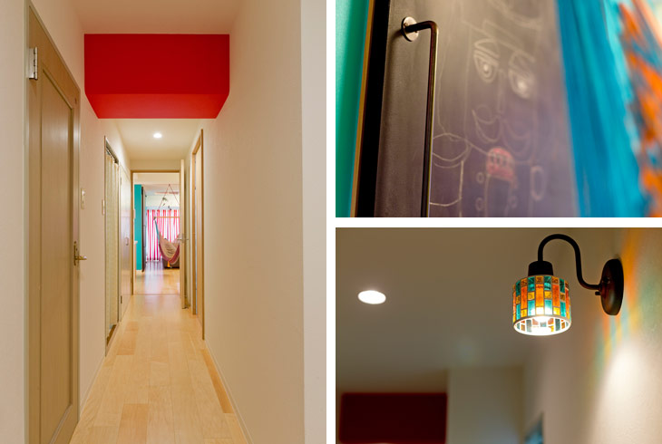 （写真左）シンプルな廊下にも赤でワンポイントを
（写真右上）洋室の壁（引戸）には黒板塗料を施工して子どもたちのために大きな黒板をつくりました
（写真右下）カラフルな色の反射が面白いモザイクガラスの照明