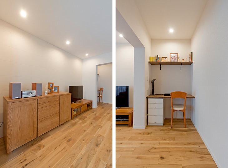 （写真左）収納や家具も床と相性のいい自然素材でまとめした
（写真右）リビングの奥には書斎スペースも設置