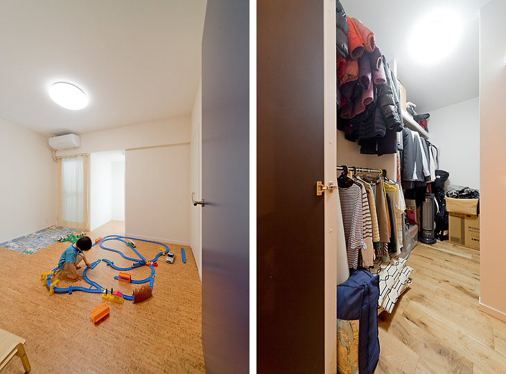 （写真左）下のお子さんの部屋も用意しました
（写真右）大容量のウォークインクロゼットを設置。家族全員の衣類をここに収納できます