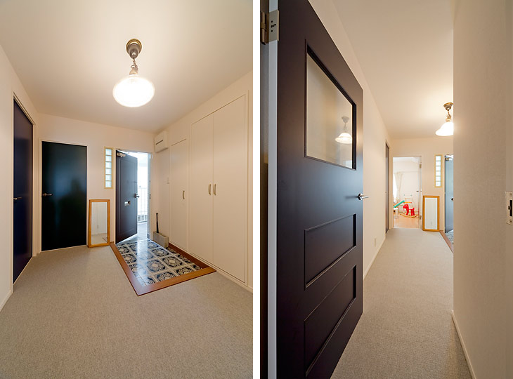 （写真左）広くスッキリとしたビンテージ風の玄関
（写真右）リビングから、玄関、子供部屋を望む