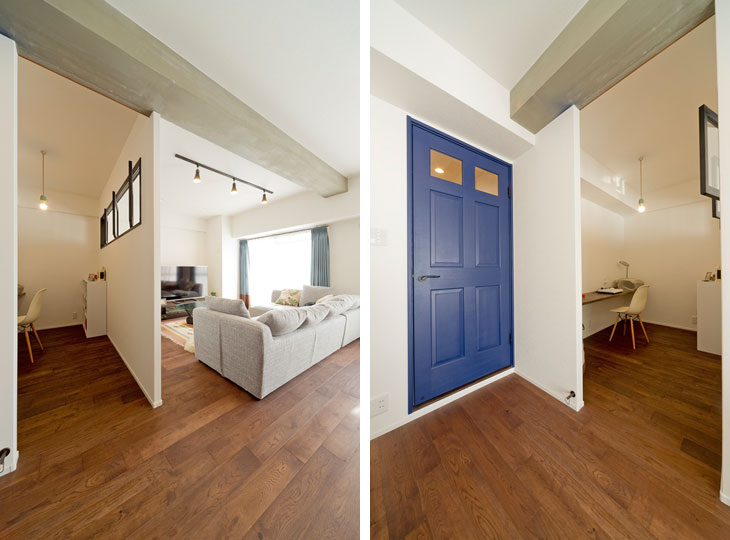 （写真左）LDKの片隅に書斎を設置
（写真右）キッチンから見た書斎。LDK入り口の扉はブルーに塗装しおしゃれな空間に