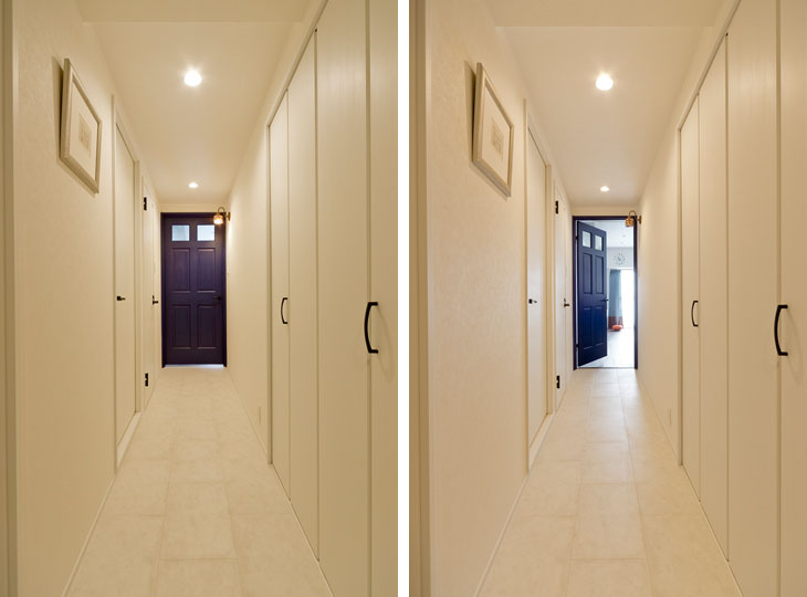 （写真左）玄関からLDKに続く廊下はホワイトで品よくまとめました
（写真右）扉を開けると開放的な空間が広がります