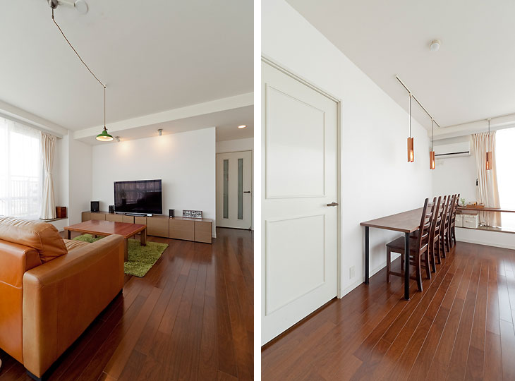 （写真左）フローリングをダークな色合いにすることでアンティークの家具が映える空間に
（写真右）照明はレール配線により動かせるようになっています