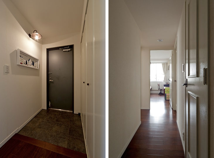 （写真左）レトロな電傘で街頭風の雰囲気に
（写真右）玄関からリビングを見渡す