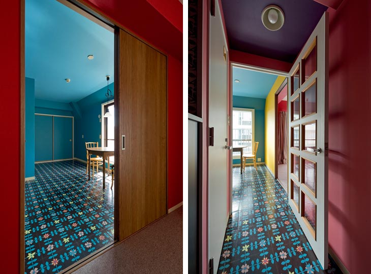 （写真左）「ポップで楽しげな、パリのアパルトマンのような雰囲気に」というＫさんの要望に応え、遊び心のあるデザインに一新
（写真右）美しい発色の壁紙が映えるよう、部分的に白をプラス。既存の建具を効果的に活かすことで、コストも抑えながら実現しました