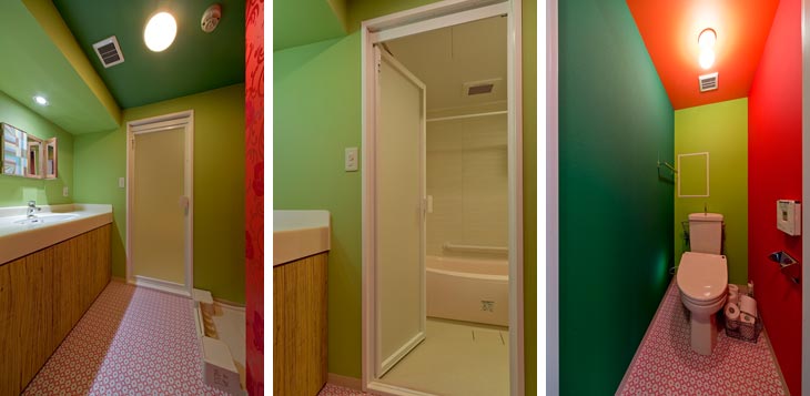 （写真左）基本カラーをグリーンでまとめた洗面所
（写真中）カラフルでお風呂に入るのも楽しくなりそう
（写真右）トイレの壁はオレンジ×黄緑×グリーンの奇抜な配色で絵本のような世界に