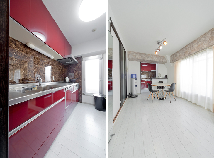 （写真左）キッチンカラーには華やかな赤を採用
（写真右）キッチンの赤は、LDKのアクセントもなっています