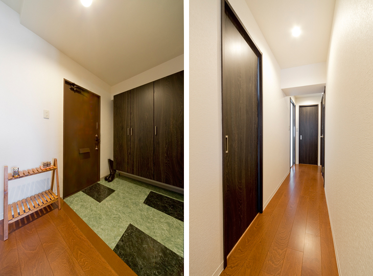 （写真左）玄関床は大理石調のタイルをおしゃれに配置
（写真右）ウォールナット調のフローリングが伸びる高級感のある廊下