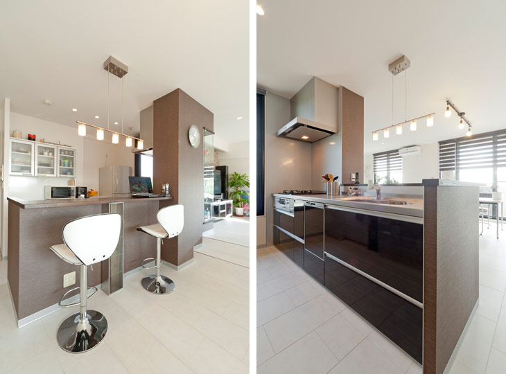 （写真左）キッチンカウンターはPC作業等ちょっとしたワークスペースにもなります
（写真右）品格のあるダークブラウンが美しい高級感あふれるキッチン