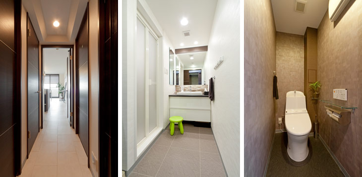 （写真左）玄関からLDKへと続く、重厚感ただよう廊下
（写真中）洗面シンクの壁にレンガタイルをあしらったおしゃれな洗面所
（写真右）薄茶カラーでまとめた落ち着き感のあるトイレ。タンクレスで空間もすっきり