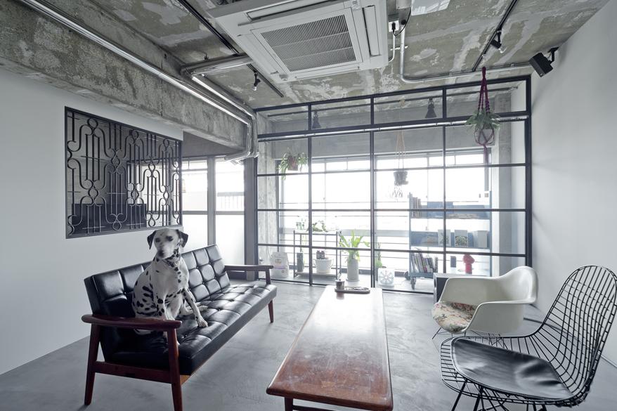 愛犬2匹とくつろげるリビングダイニング。思い切って床は全て左官仕上げのモールテックス。コンクリートの露出した天井との一体感たっぷりです。ワンちゃんが入れない部屋は敢えて作らないというスタンスでの家づくりでした。